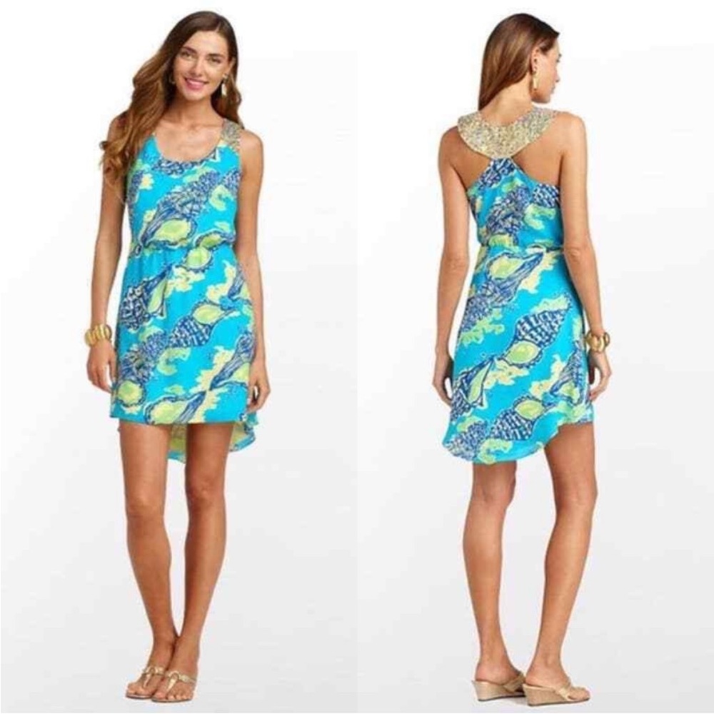 Sleeveless Blue Tropical Print Shift Dress with Sequins Embellished Collar